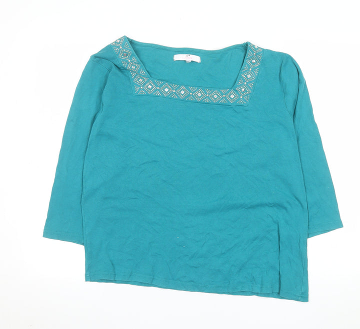 Julipa Women Blue Cotton 3/4 Sleeve Square Neck Beaded Blouse UK 18