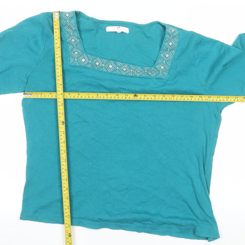 Julipa Women Blue Cotton 3/4 Sleeve Square Neck Beaded Blouse UK 18