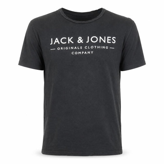 Front view of Jack & Jones Men's Black Small Crew Neck Graphic Logo T-Shirt