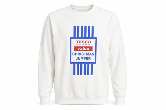 Front view of Just Hoods men’s white christmas graphic sweatshirt l pullover