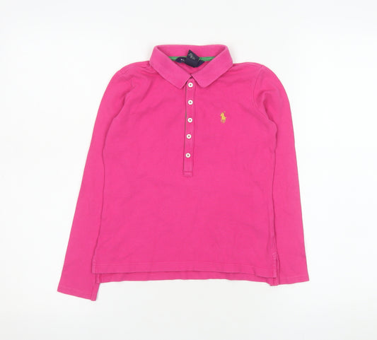 Ralph Lauren Girls Pink Long Sleeve Polo Shirt Size 7 Cotton Stretch
