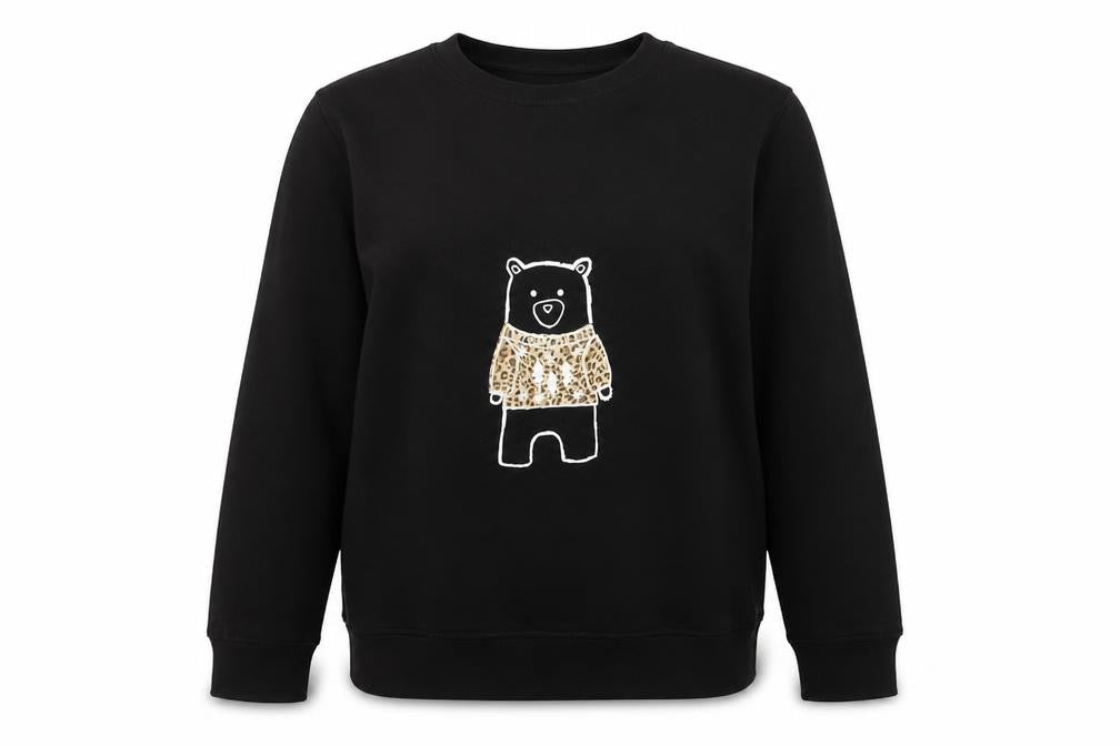 Front view of Just Hoods women’s black bear print pullover sweatshirt, size S
