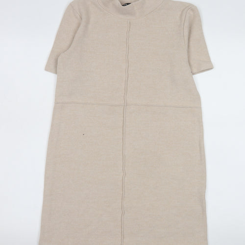 ZARA Women Beige Knit Shift Dress Size 8 Mock Neck Short Sleeve