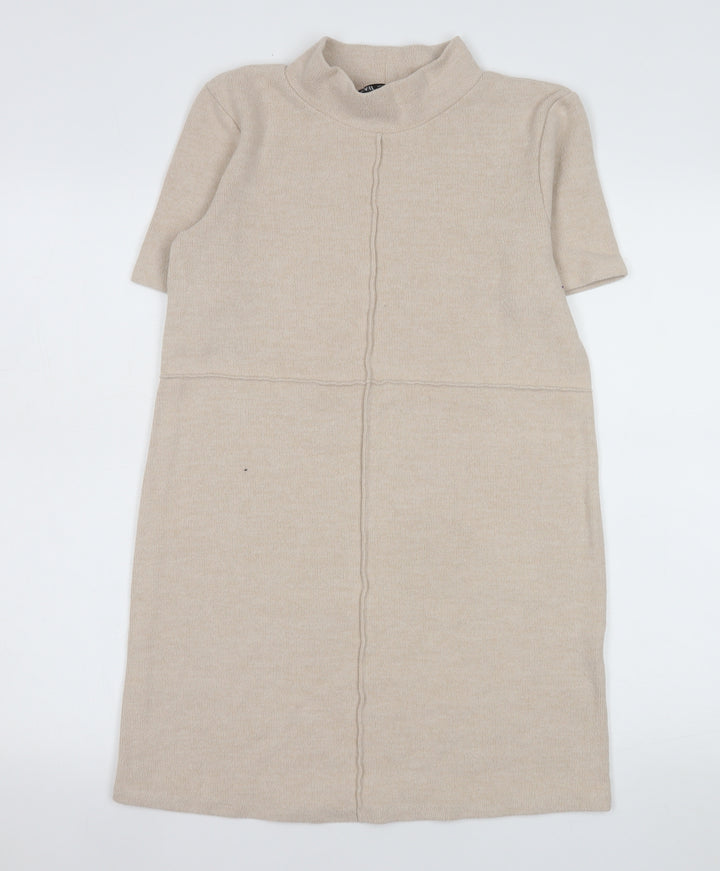 ZARA Women Beige Knit Shift Dress Size 8 Mock Neck Short Sleeve