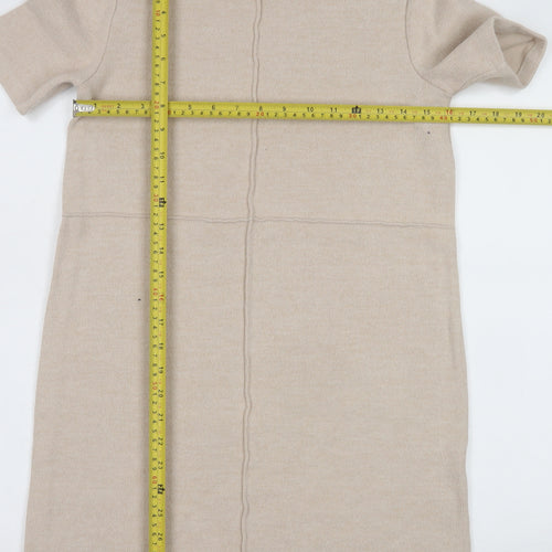 ZARA Women Beige Knit Shift Dress Size 8 Mock Neck Short Sleeve