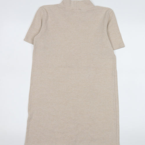 ZARA Women Beige Knit Shift Dress Size 8 Mock Neck Short Sleeve