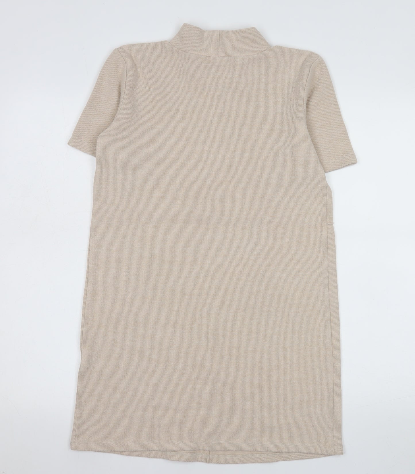 ZARA Women Beige Knit Shift Dress Size 8 Mock Neck Short Sleeve
