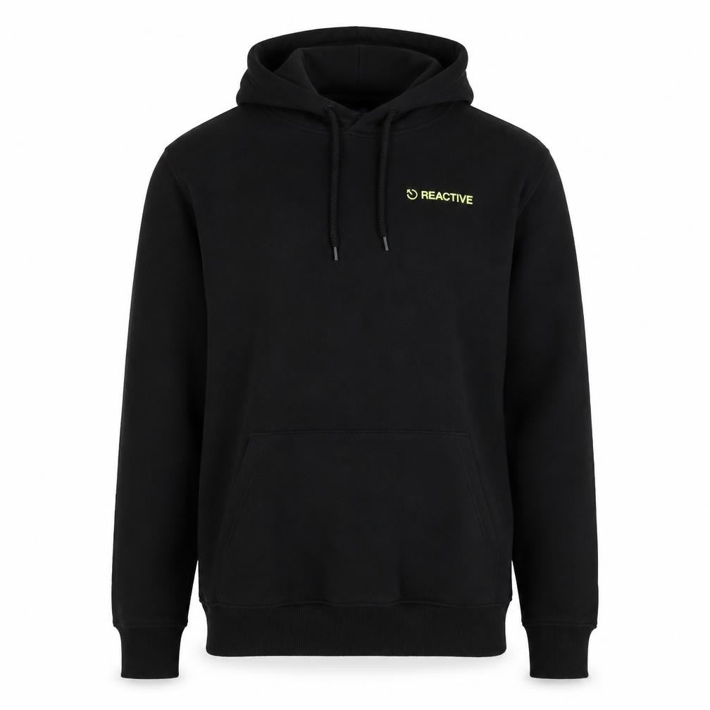 Front view of H&M Divided Men's Black Reactive Pullover Hoodie, size M