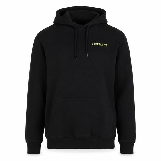Front view of H&M Divided Men's Black Reactive Pullover Hoodie, size M