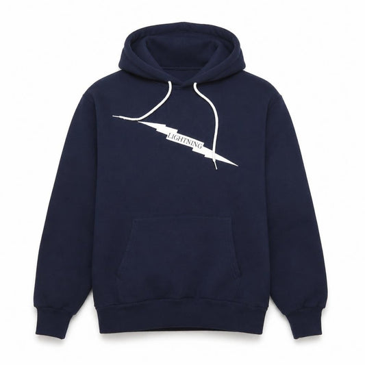 Front view of Hanes Men's Blue Pullover Hoodie Large Lightning Graphic Fleece