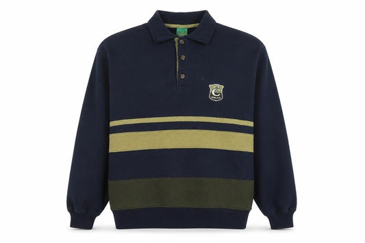 Front view of C&A men’s blue striped collared henley sweatshirt, size S