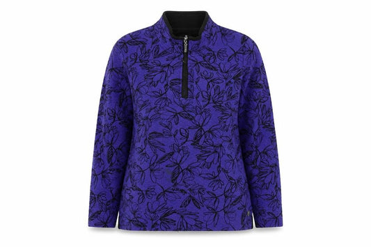 Front view of TIGI women’s purple floral 1/4 zip pullover sweatshirt, size UK 14/16