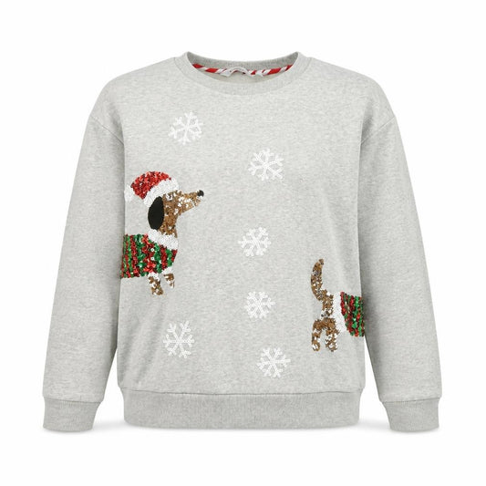 Front view of Next Women Grey Sequin Dog Christmas Sweatshirt, size M
