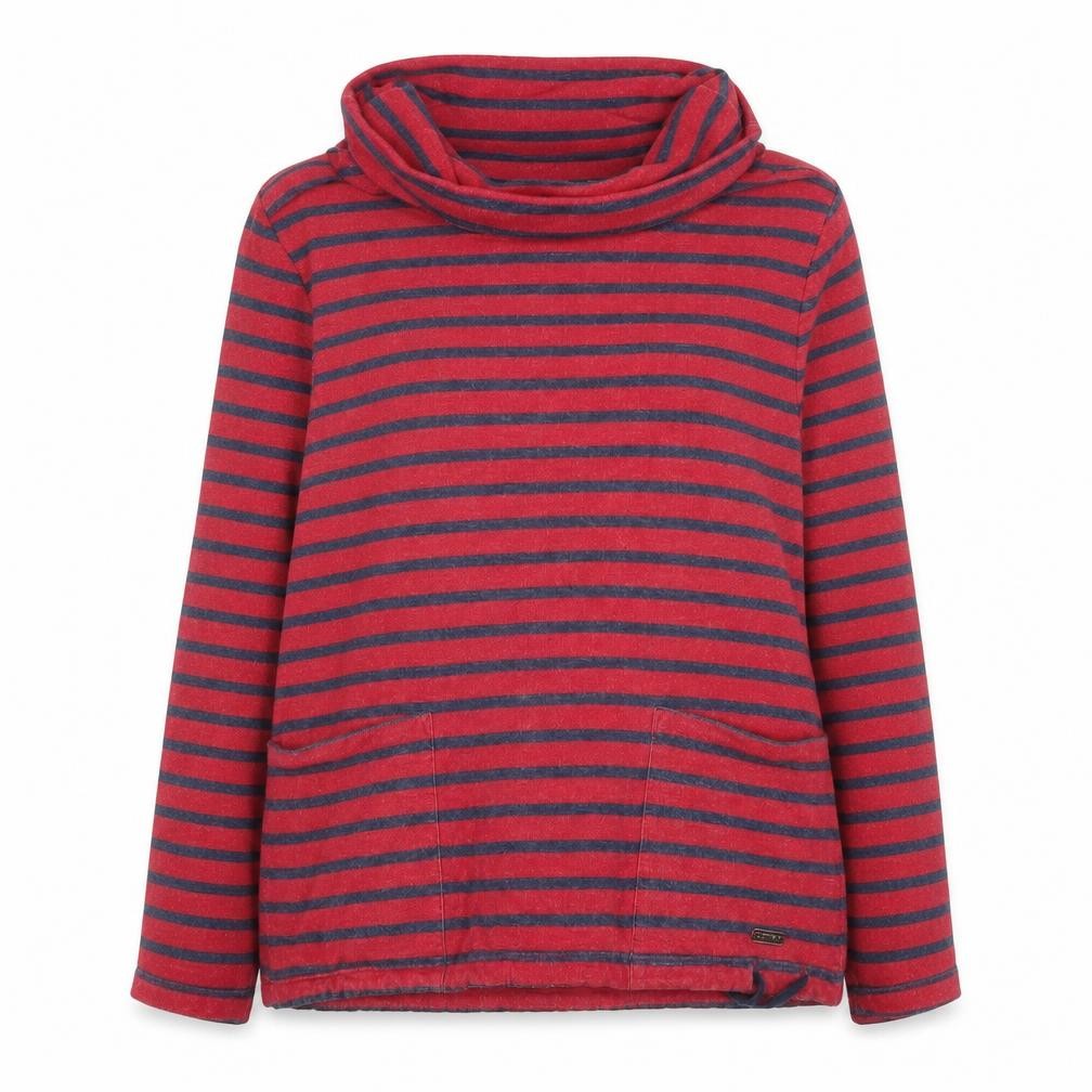 Front view of Line 7 Women's Red and Navy Striped Cowl Neck Pullover Sweatshirt L