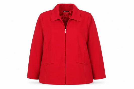Front view of BHS women’s red stretch lined suit jacket, size UK 18, regular fit