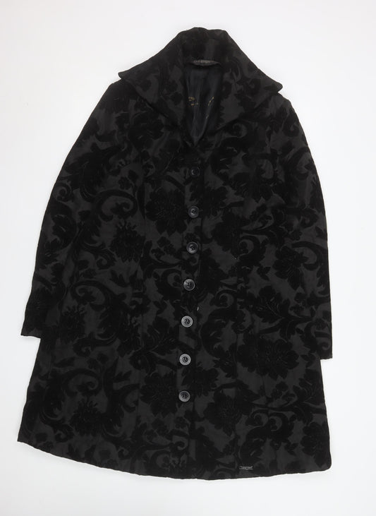 Desigual Women Black Floral Velvet Coat Size 14 Long Buttoned Design