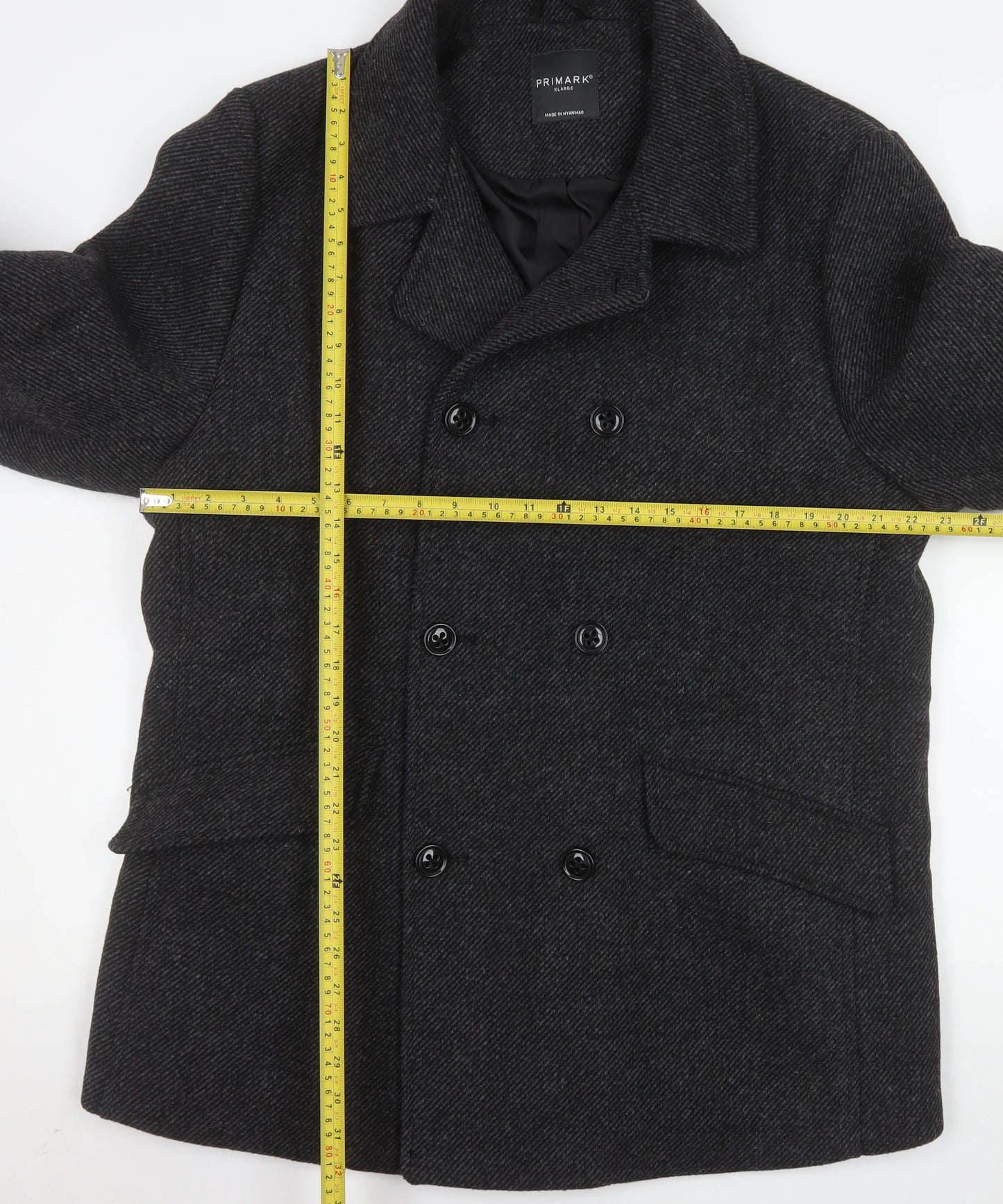 Primark Men's Grey Wool Blend Pea Coat XL