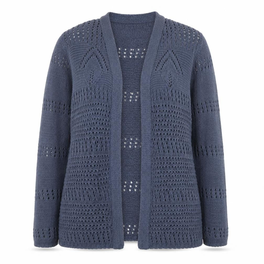 Front view of Isle Essentials women’s blue open knit long sleeve cardigan, size UK 14-16