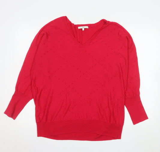Next Women Red V-Neck Long Sleeve Jersey Blouse Size L