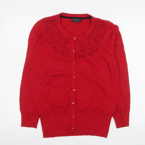 Debenhams Women Red Crochet Crew Neck Cardigan Size 14