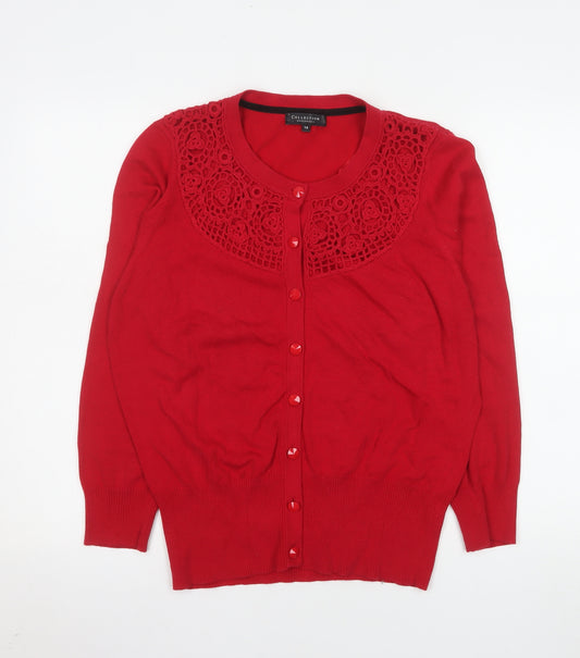 Debenhams Women Red Crochet Crew Neck Cardigan Size 14