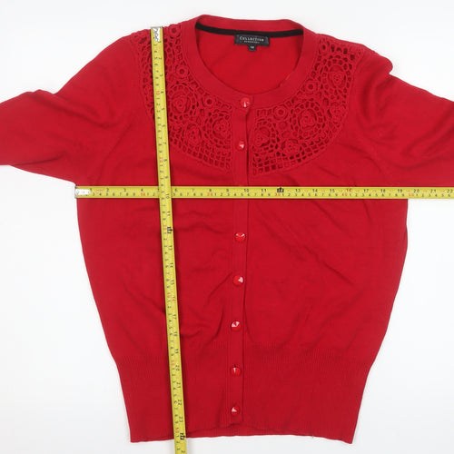 Debenhams Women Red Crochet Crew Neck Cardigan Size 14
