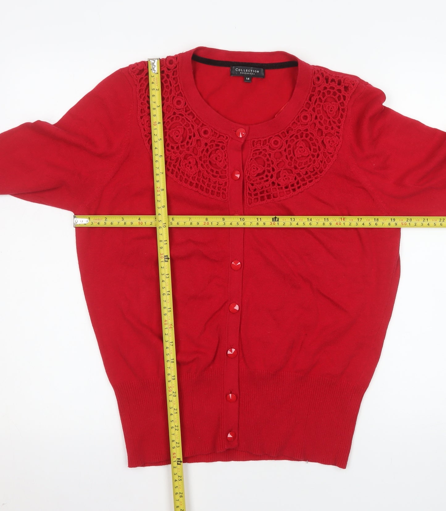 Debenhams Women Red Crochet Crew Neck Cardigan Size 14