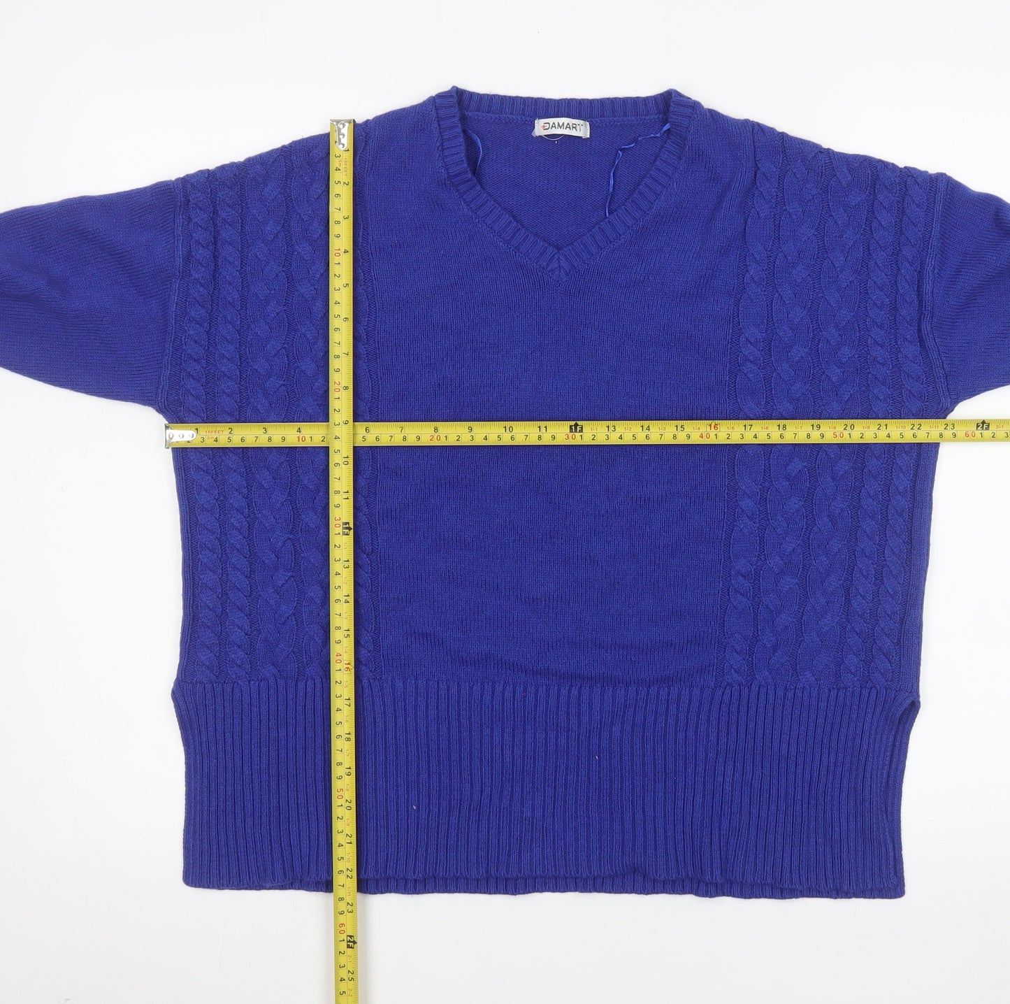 Damart Women's Blue V-Neck Cable Knit Acrylic Jumper M 14/16