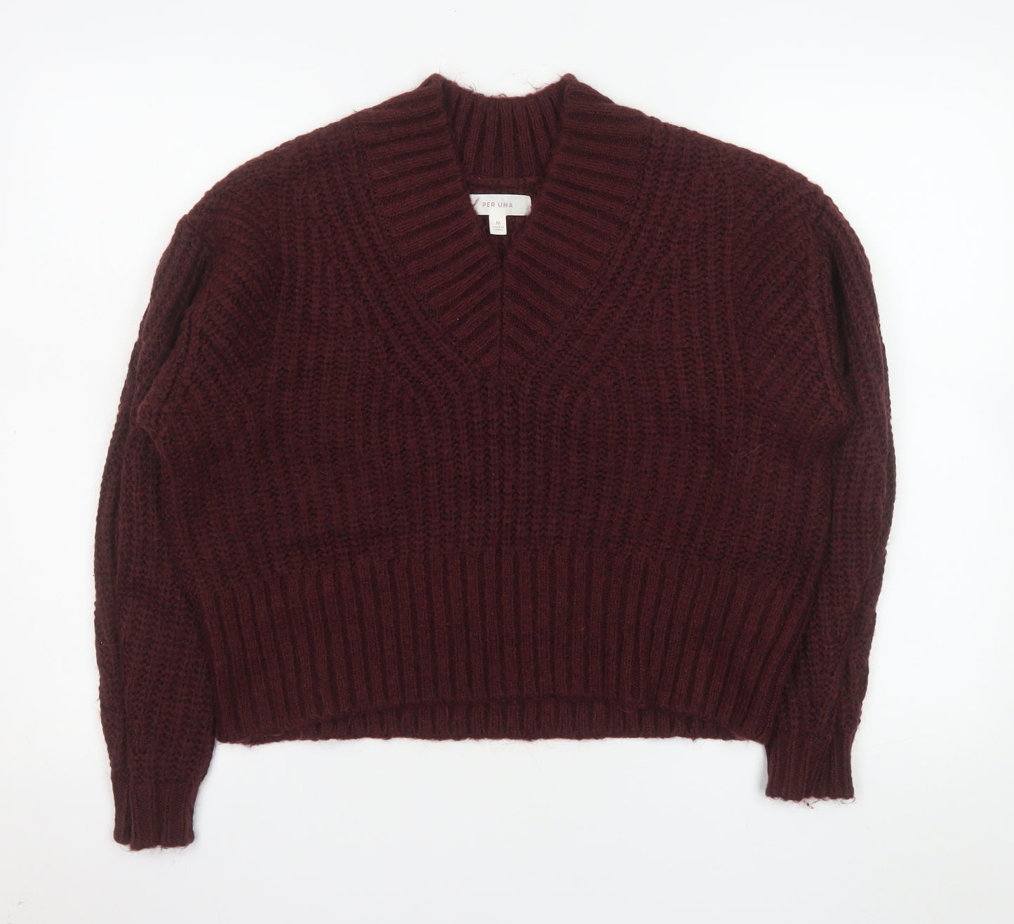 Marks and Spencer Per Una Women's Burgundy V-Neck Chunky Knit Jumper Size M