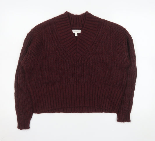 Marks and Spencer Per Una Women's Burgundy V-Neck Chunky Knit Jumper Size M