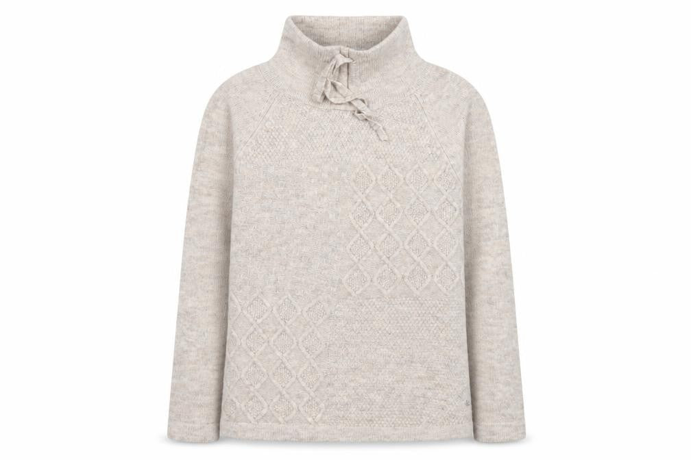 Front view of Mantaray women’s beige, size UK 16, cable knit high neck jumper