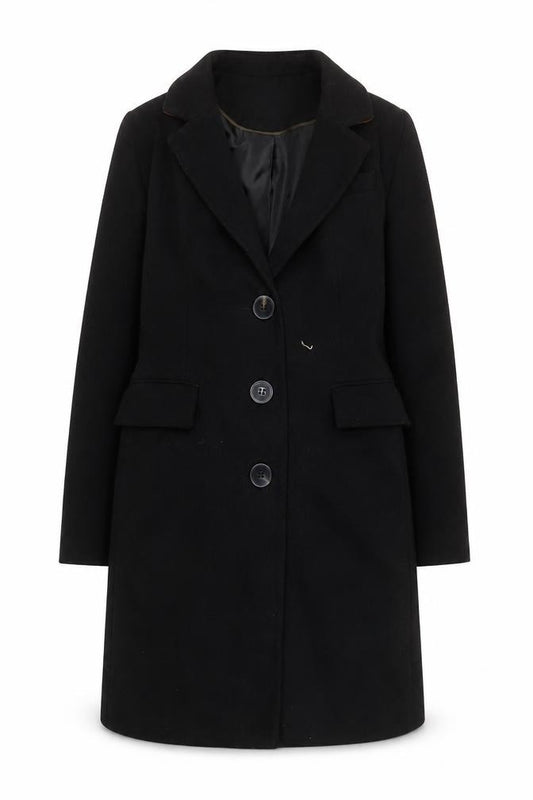Front view of Warehouse Women's Black Mid-Length Overcoat, size 8, Lined Buttoned Classic