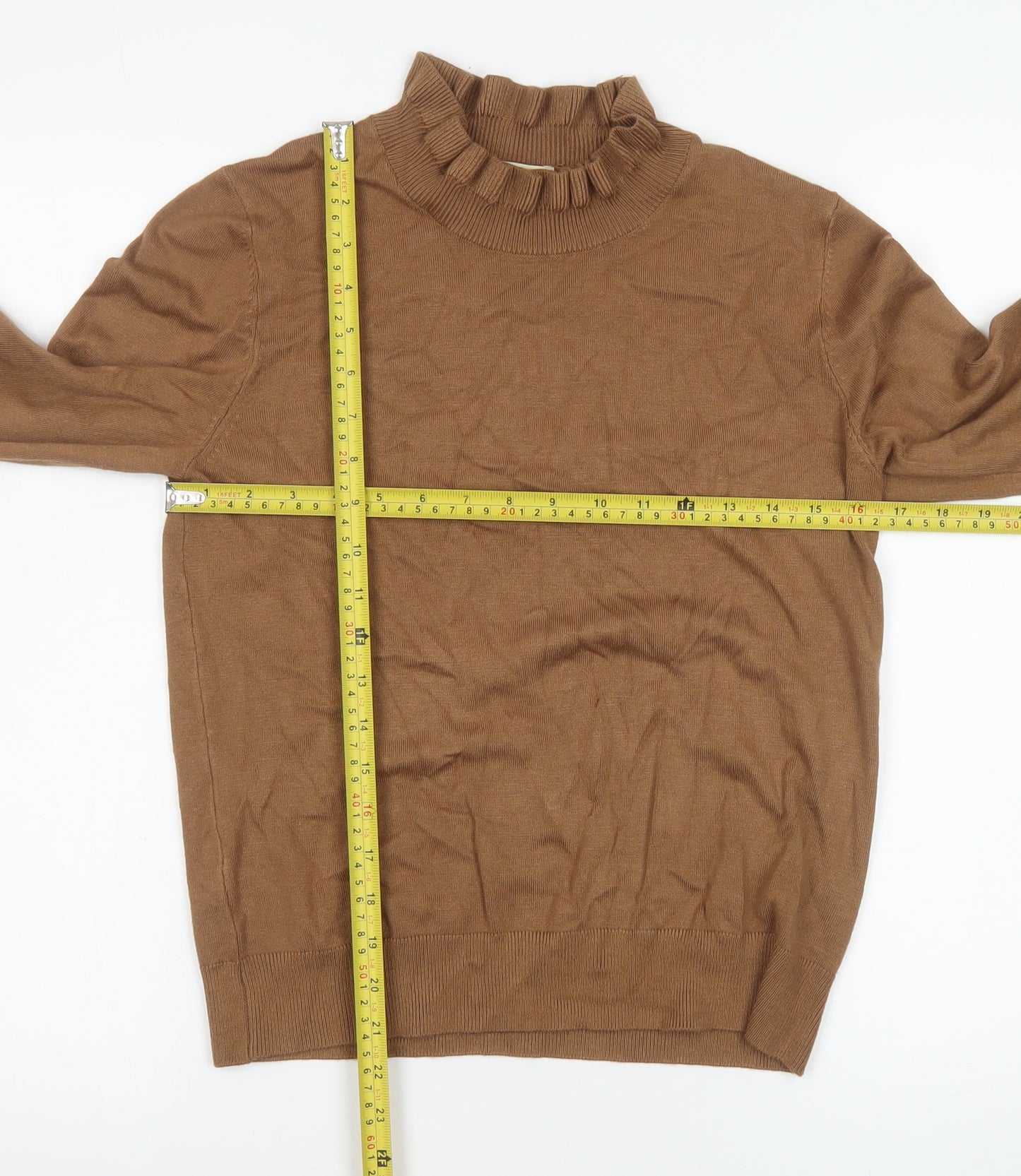 Oasis Women’s Brown High Neck Ruffle Knit Jumper Size M
