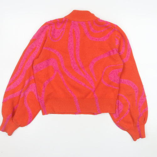 French Connection Women Orange Pink Patterned Pullover Sweatshirt S