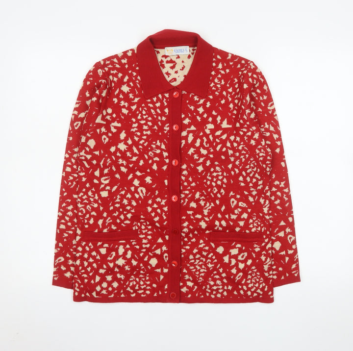 Camela Women Red Collared Animal Print Knit Cardigan M