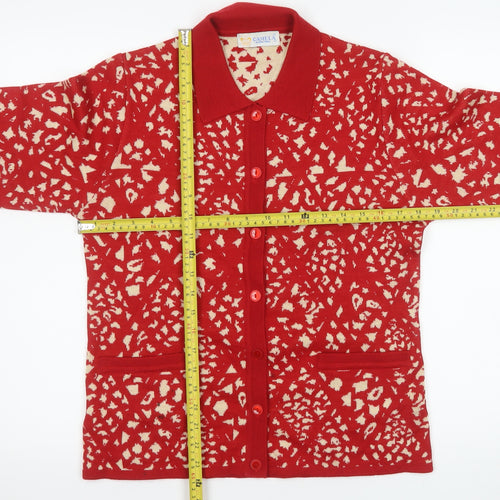 Camela Women Red Collared Animal Print Knit Cardigan M