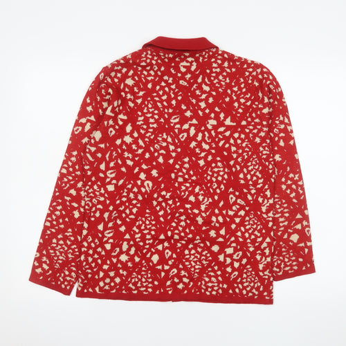 Camela Women Red Collared Animal Print Knit Cardigan M