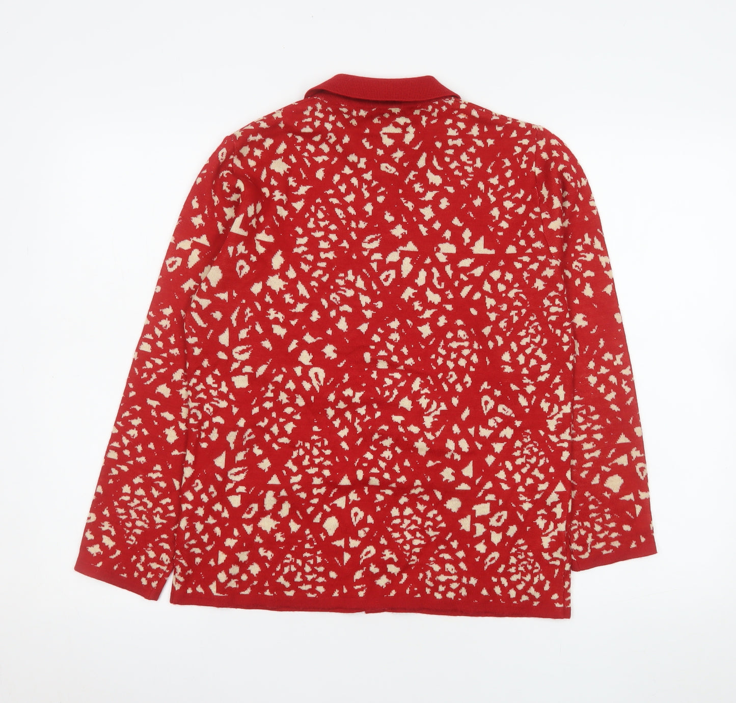 Camela Women Red Collared Animal Print Knit Cardigan M