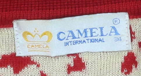 Camela Women Red Collared Animal Print Knit Cardigan M