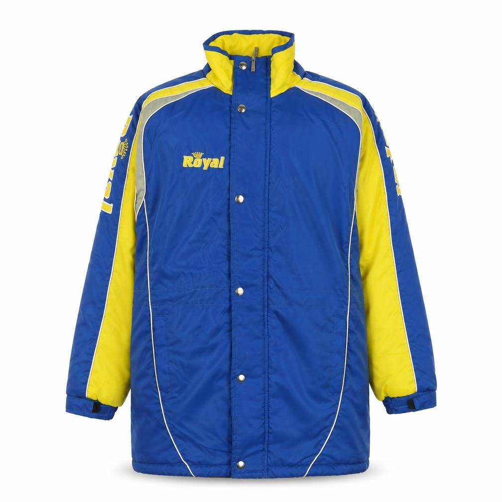 Front view of Royal Men's Blue and Yellow Lined Waterproof Parka Jacket, size S