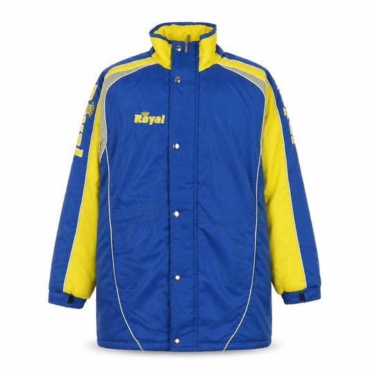 Front view of Royal Men's Blue and Yellow Lined Waterproof Parka Jacket, size S