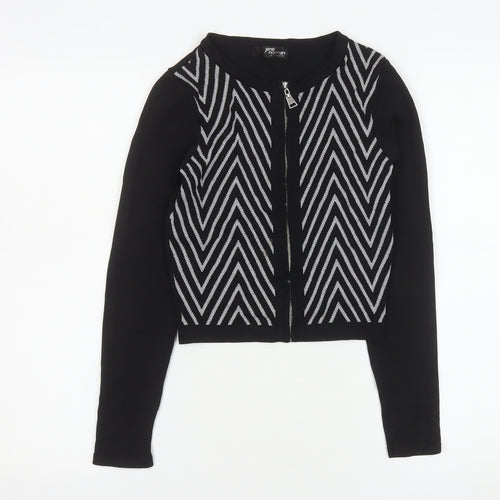 Jane Norman Women's Black Geometric Zip Knit Cropped Jacket Size 8