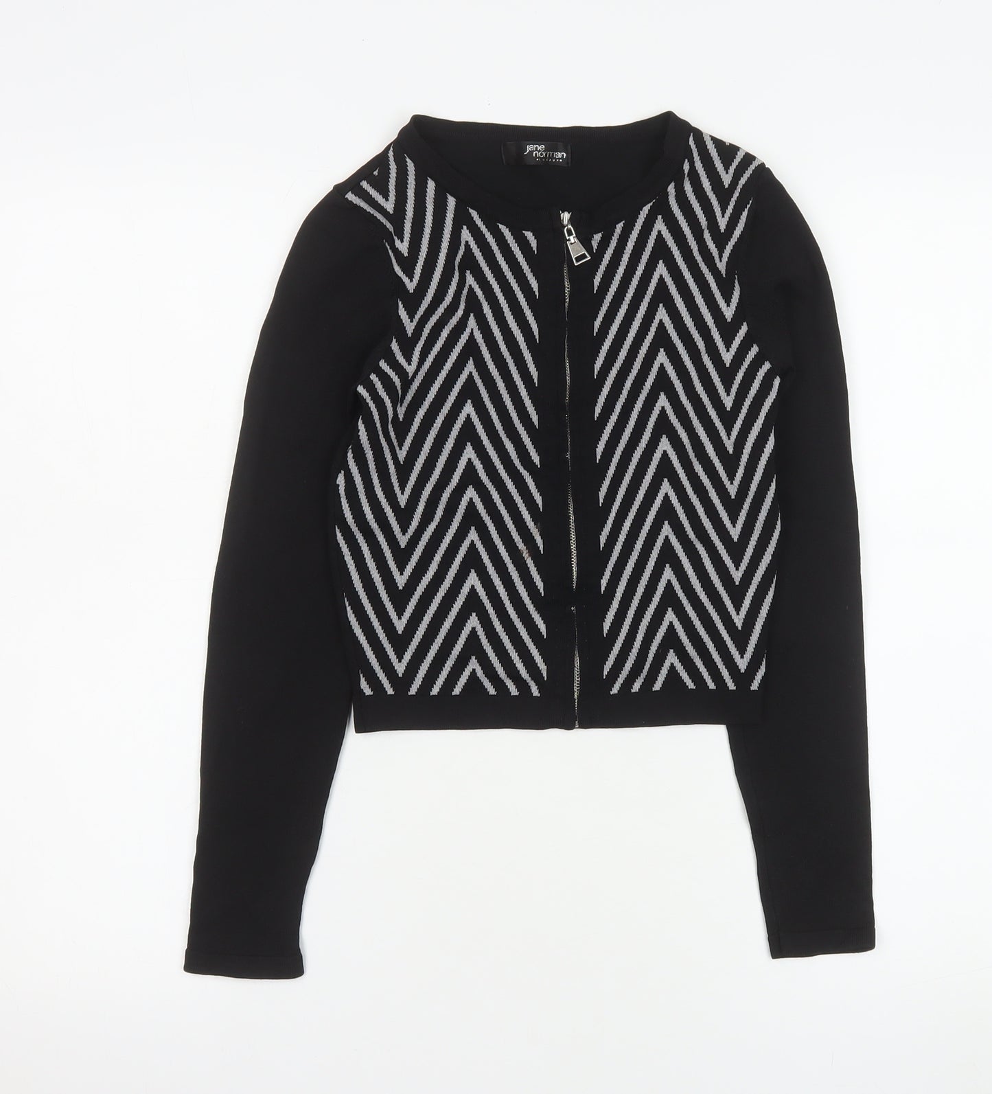 Jane Norman Women's Black Geometric Zip Knit Cropped Jacket Size 8