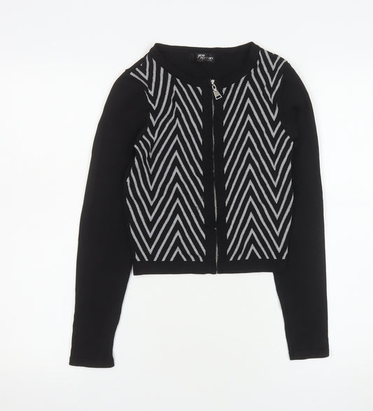 Jane Norman Women's Black Geometric Zip Knit Cropped Jacket Size 8