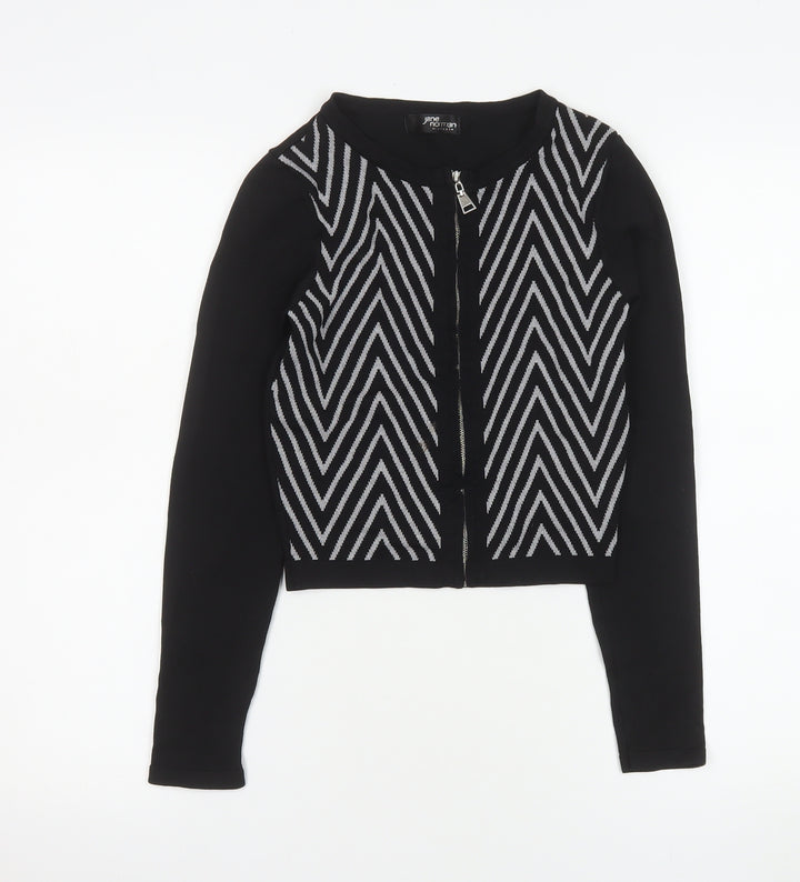 Jane Norman Women's Black Geometric Zip Knit Cropped Jacket Size 8
