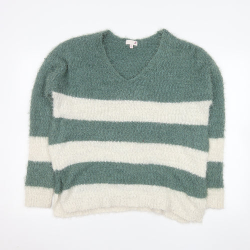 SO Womens Green White Striped V-Neck Pullover Jumper XL