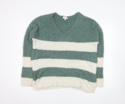 SO Womens Green White Striped V-Neck Pullover Jumper XL