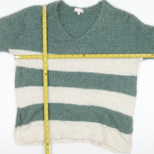 SO Womens Green White Striped V-Neck Pullover Jumper XL