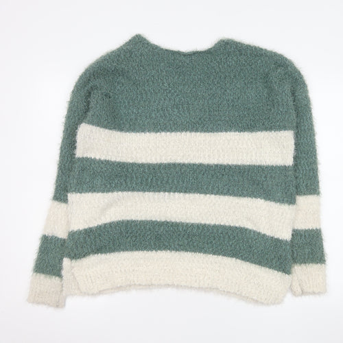 SO Womens Green White Striped V-Neck Pullover Jumper XL