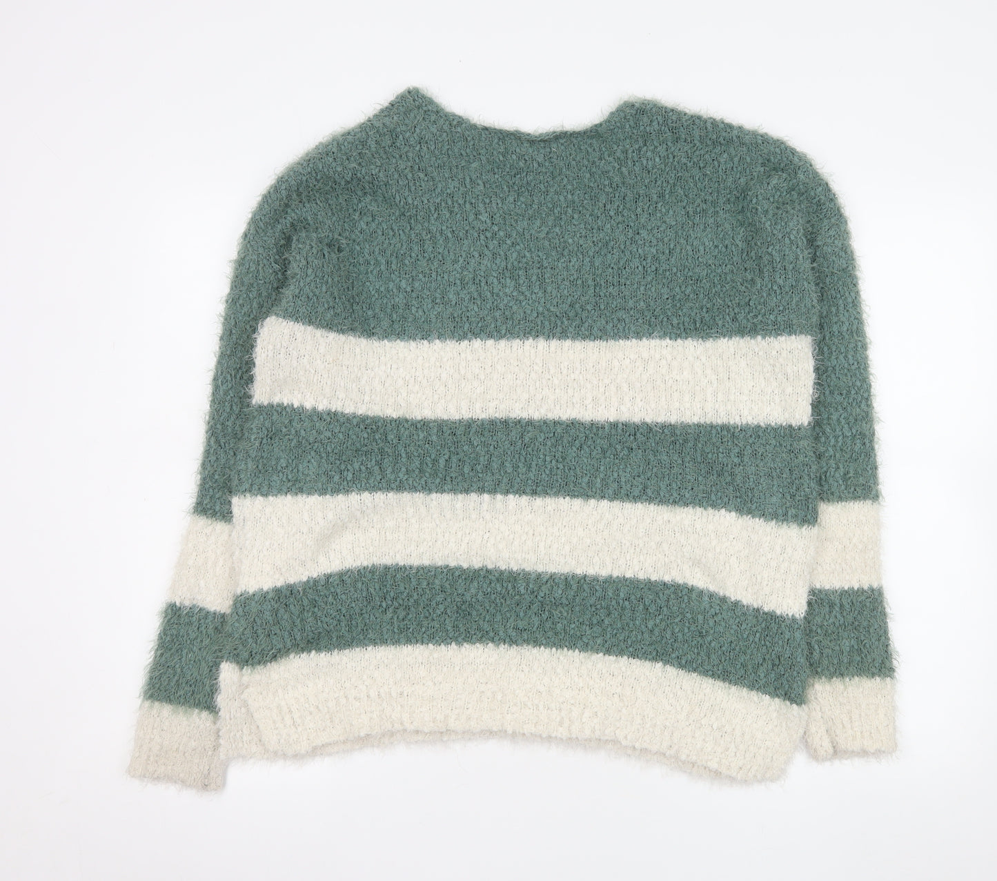 SO Womens Green White Striped V-Neck Pullover Jumper XL